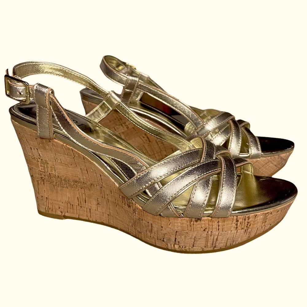 Lauren Ralph Lauren Women's Quaylin Wedge Sandal Gold Silver Cork Heel Womens 7